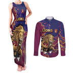 Custom Brisbane Maroon Couples Matching Tank Maxi Dress and Long Sleeve Button Shirt Lions Blazing Fire