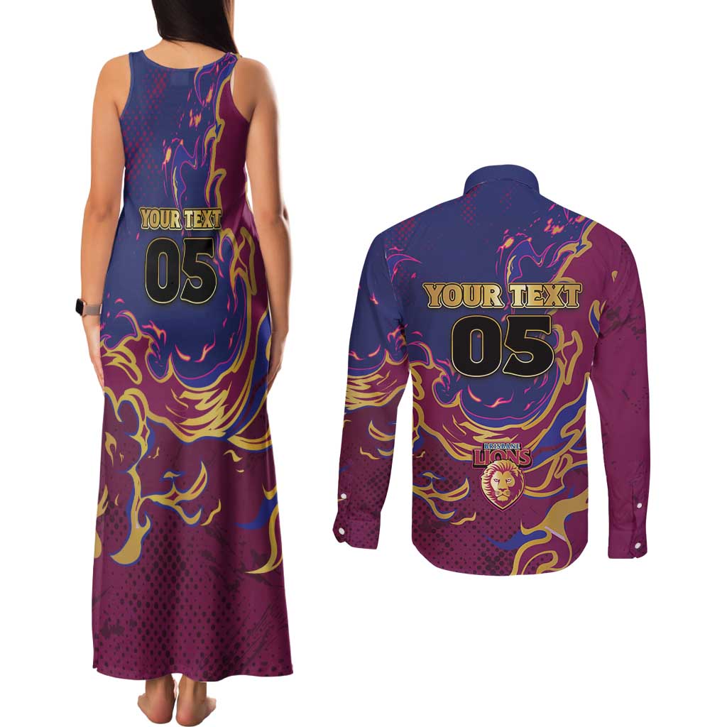 Custom Brisbane Maroon Couples Matching Tank Maxi Dress and Long Sleeve Button Shirt Lions Blazing Fire