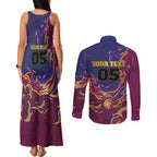 Custom Brisbane Maroon Couples Matching Tank Maxi Dress and Long Sleeve Button Shirt Lions Blazing Fire