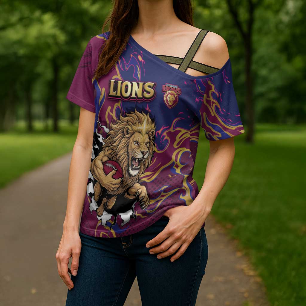 Custom Brisbane Maroon Cross Shoulder Shirt Lions Blazing Fire