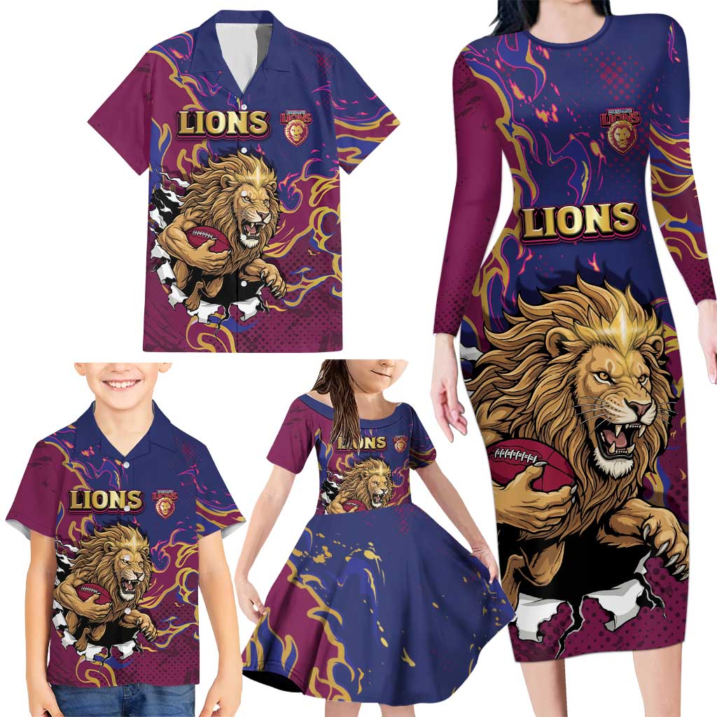 Custom Brisbane Maroon Family Matching Long Sleeve Bodycon Dress and Hawaiian Shirt Lions Blazing Fire