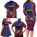 Custom Brisbane Maroon Family Matching Long Sleeve Bodycon Dress and Hawaiian Shirt Lions Blazing Fire