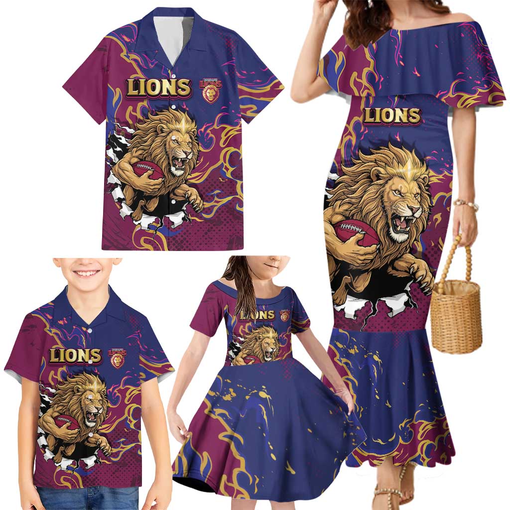 Custom Brisbane Maroon Family Matching Mermaid Dress and Hawaiian Shirt Lions Blazing Fire