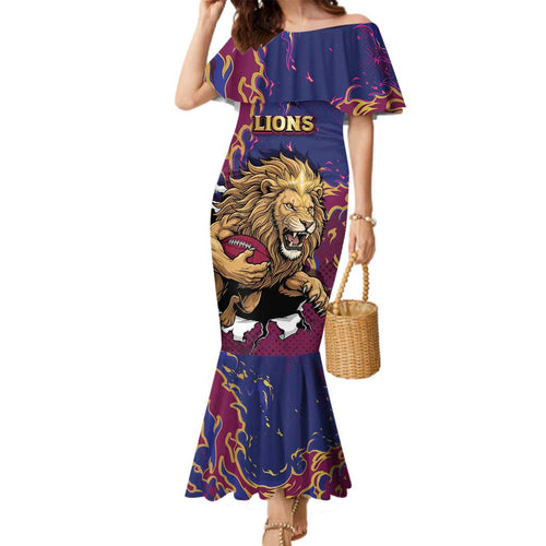 Custom Brisbane Maroon Family Matching Mermaid Dress and Hawaiian Shirt Lions Blazing Fire