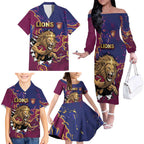 Custom Brisbane Maroon Family Matching Off The Shoulder Long Sleeve Dress and Hawaiian Shirt Lions Blazing Fire