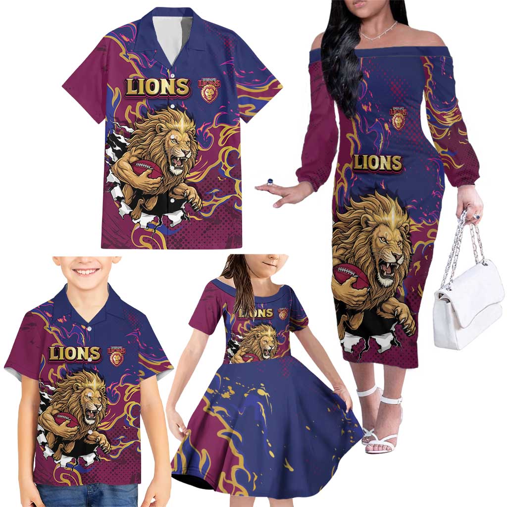 Custom Brisbane Maroon Family Matching Off The Shoulder Long Sleeve Dress and Hawaiian Shirt Lions Blazing Fire