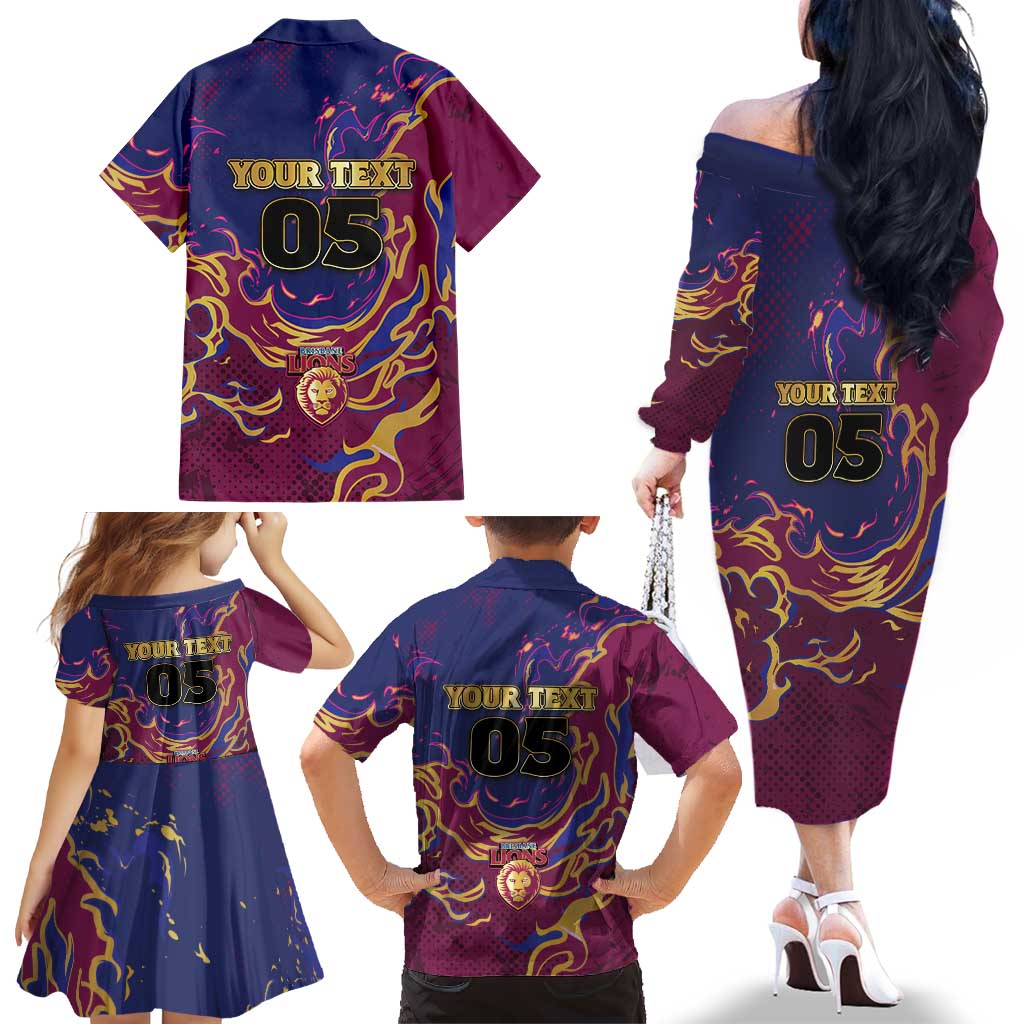 Custom Brisbane Maroon Family Matching Off The Shoulder Long Sleeve Dress and Hawaiian Shirt Lions Blazing Fire