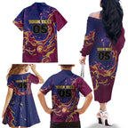 Custom Brisbane Maroon Family Matching Off The Shoulder Long Sleeve Dress and Hawaiian Shirt Lions Blazing Fire