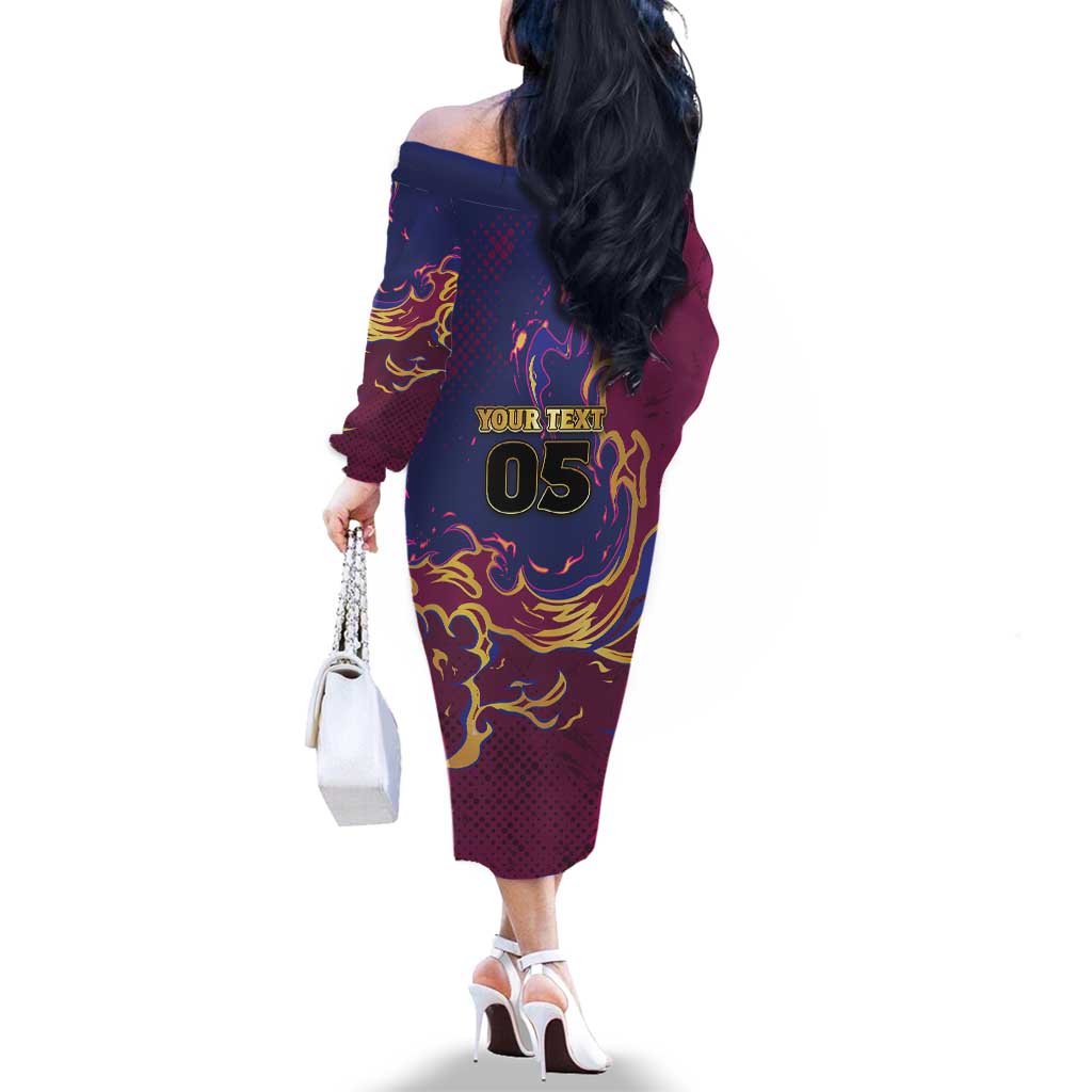Custom Brisbane Maroon Family Matching Off The Shoulder Long Sleeve Dress and Hawaiian Shirt Lions Blazing Fire