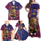 Custom Brisbane Maroon Family Matching Off Shoulder Maxi Dress and Hawaiian Shirt Lions Blazing Fire