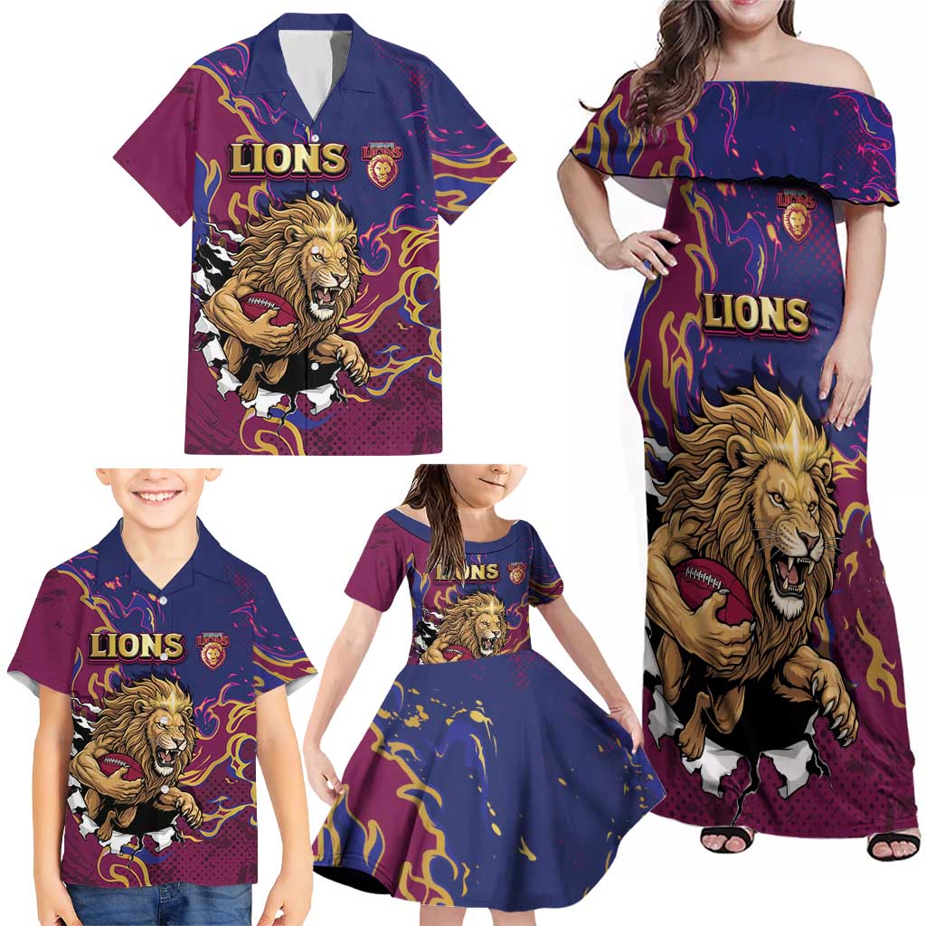 Custom Brisbane Maroon Family Matching Off Shoulder Maxi Dress and Hawaiian Shirt Lions Blazing Fire