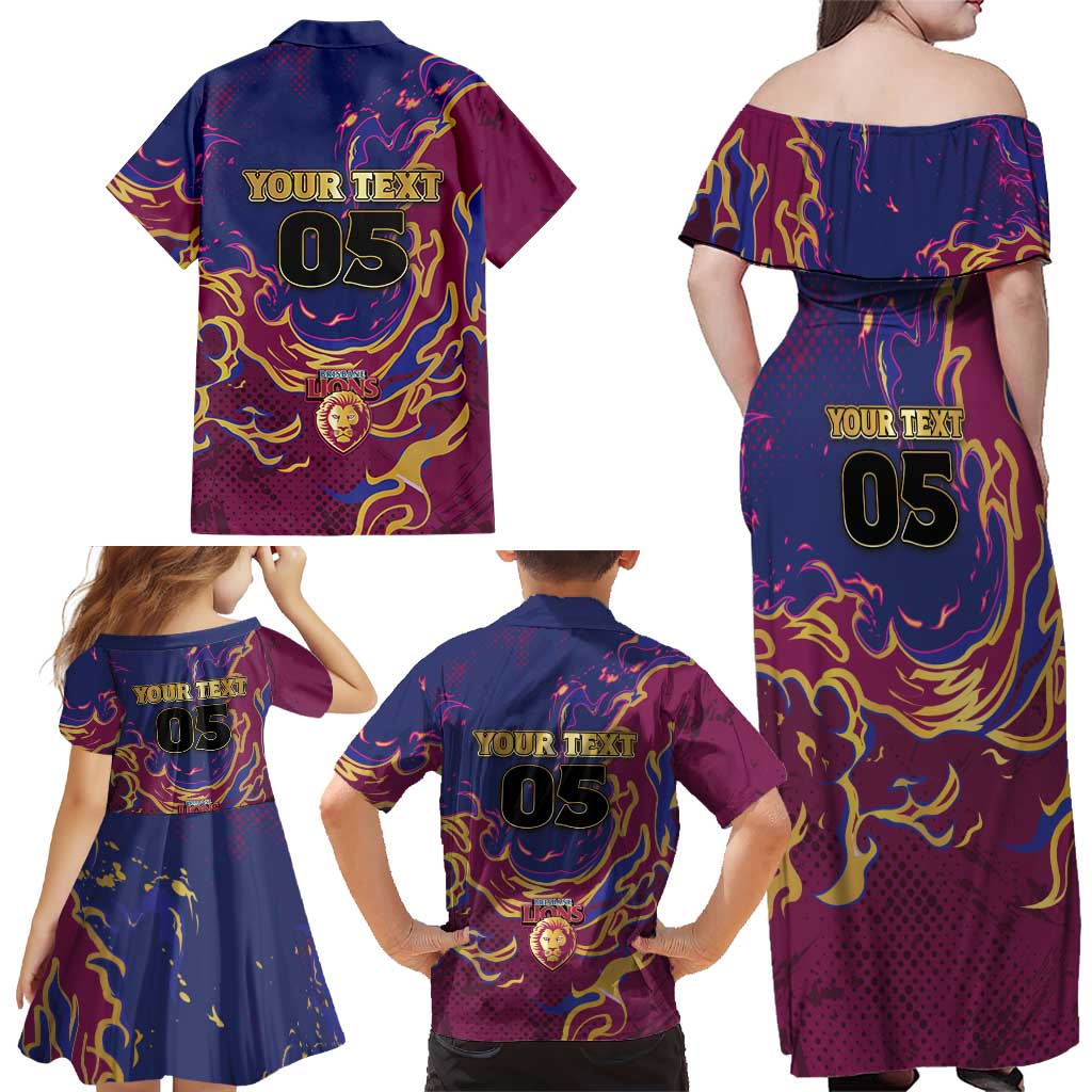 Custom Brisbane Maroon Family Matching Off Shoulder Maxi Dress and Hawaiian Shirt Lions Blazing Fire