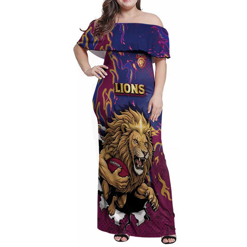 Custom Brisbane Maroon Family Matching Off Shoulder Maxi Dress and Hawaiian Shirt Lions Blazing Fire