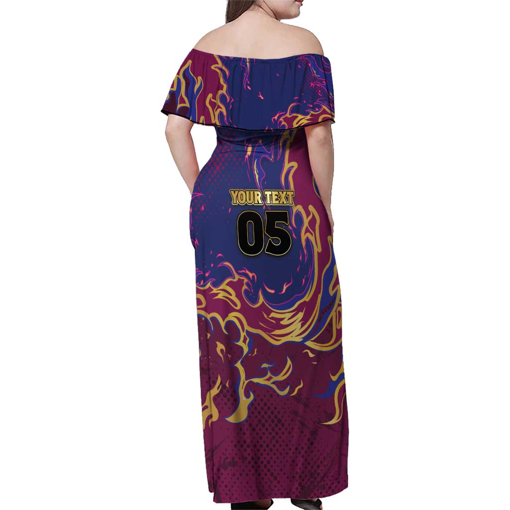 Custom Brisbane Maroon Family Matching Off Shoulder Maxi Dress and Hawaiian Shirt Lions Blazing Fire