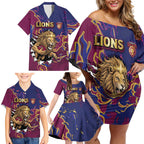 Custom Brisbane Maroon Family Matching Off Shoulder Short Dress and Hawaiian Shirt Lions Blazing Fire