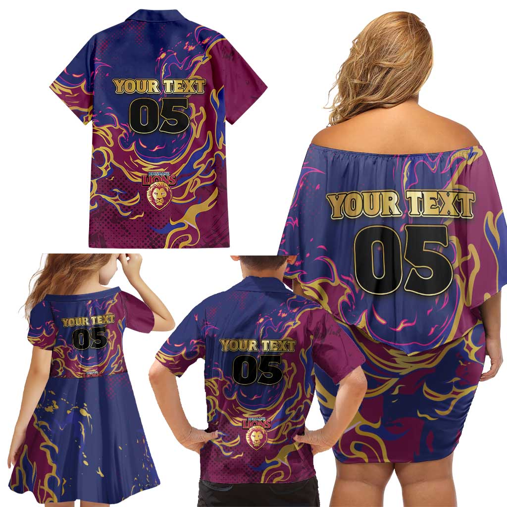 Custom Brisbane Maroon Family Matching Off Shoulder Short Dress and Hawaiian Shirt Lions Blazing Fire