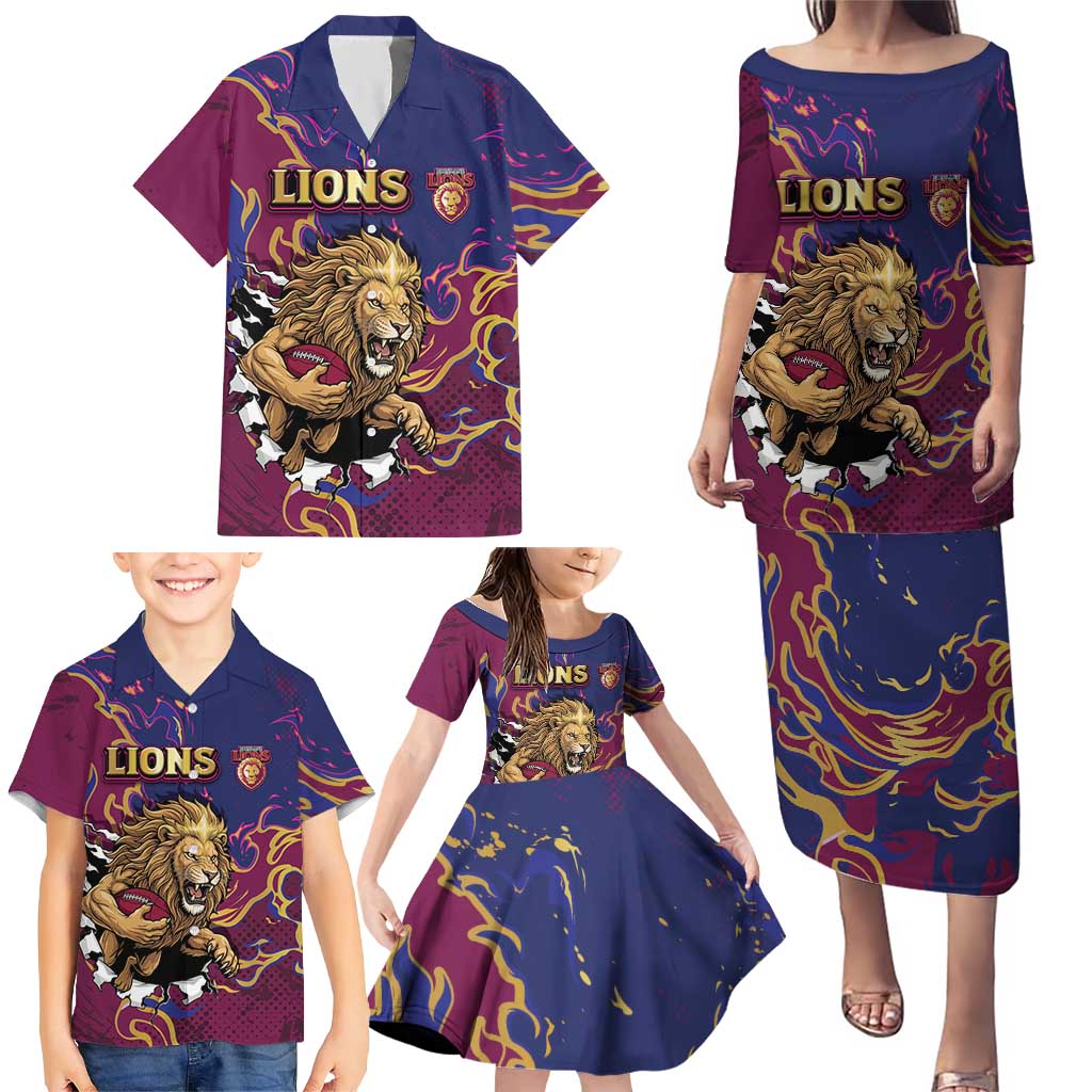 Custom Brisbane Maroon Family Matching Puletasi and Hawaiian Shirt Lions Blazing Fire