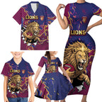 Custom Brisbane Maroon Family Matching Short Sleeve Bodycon Dress and Hawaiian Shirt Lions Blazing Fire