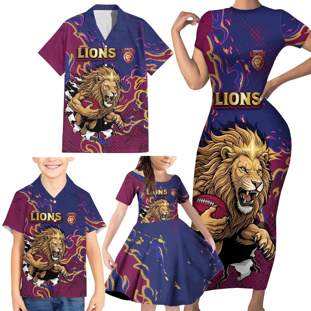 Custom Brisbane Maroon Family Matching Short Sleeve Bodycon Dress and Hawaiian Shirt Lions Blazing Fire