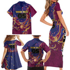 Custom Brisbane Maroon Family Matching Short Sleeve Bodycon Dress and Hawaiian Shirt Lions Blazing Fire