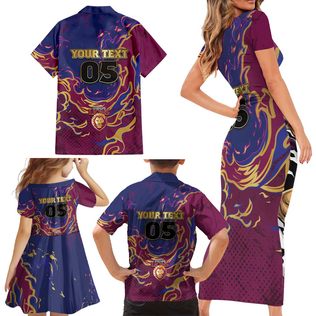 Custom Brisbane Maroon Family Matching Short Sleeve Bodycon Dress and Hawaiian Shirt Lions Blazing Fire