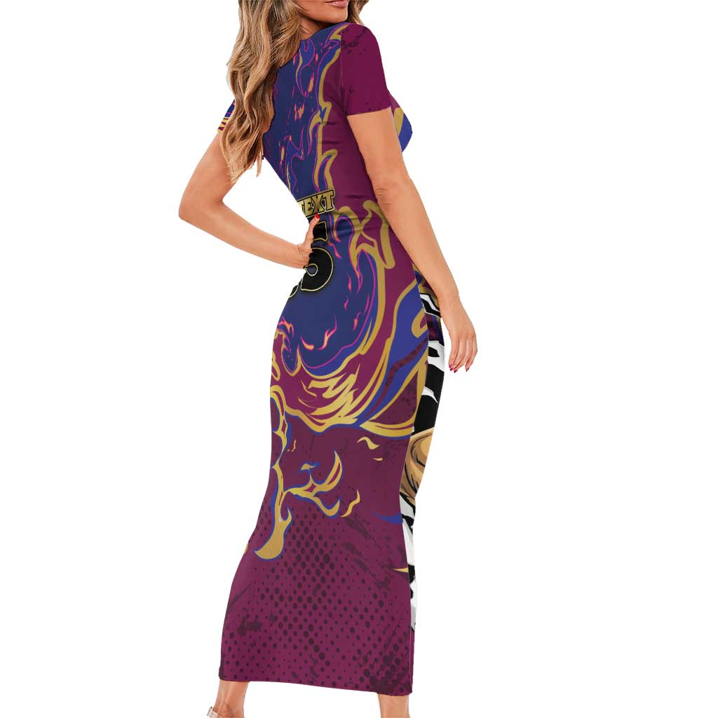 Custom Brisbane Maroon Family Matching Short Sleeve Bodycon Dress and Hawaiian Shirt Lions Blazing Fire
