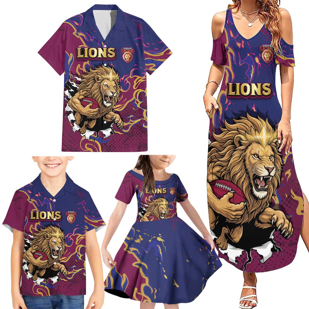 Custom Brisbane Maroon Family Matching Summer Maxi Dress and Hawaiian Shirt Lions Blazing Fire