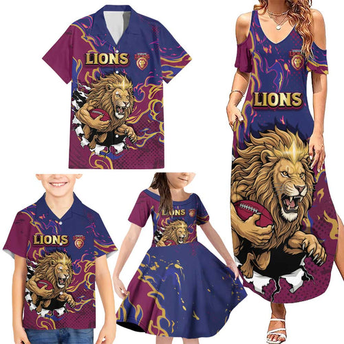Custom Brisbane Maroon Family Matching Summer Maxi Dress and Hawaiian Shirt Lions Blazing Fire