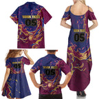 Custom Brisbane Maroon Family Matching Summer Maxi Dress and Hawaiian Shirt Lions Blazing Fire