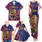 Custom Brisbane Maroon Family Matching Tank Maxi Dress and Hawaiian Shirt Lions Blazing Fire