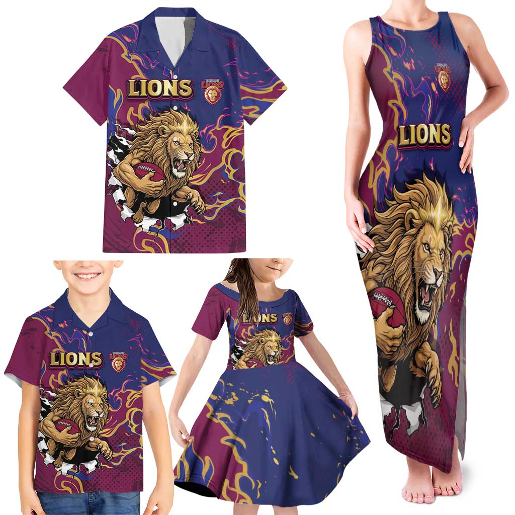 Custom Brisbane Maroon Family Matching Tank Maxi Dress and Hawaiian Shirt Lions Blazing Fire
