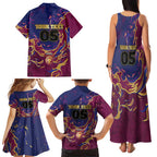 Custom Brisbane Maroon Family Matching Tank Maxi Dress and Hawaiian Shirt Lions Blazing Fire