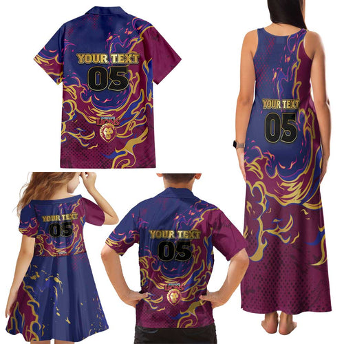 Custom Brisbane Maroon Family Matching Tank Maxi Dress and Hawaiian Shirt Lions Blazing Fire