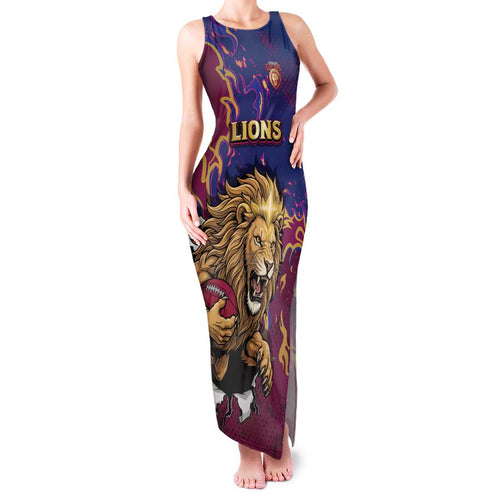 Custom Brisbane Maroon Family Matching Tank Maxi Dress and Hawaiian Shirt Lions Blazing Fire
