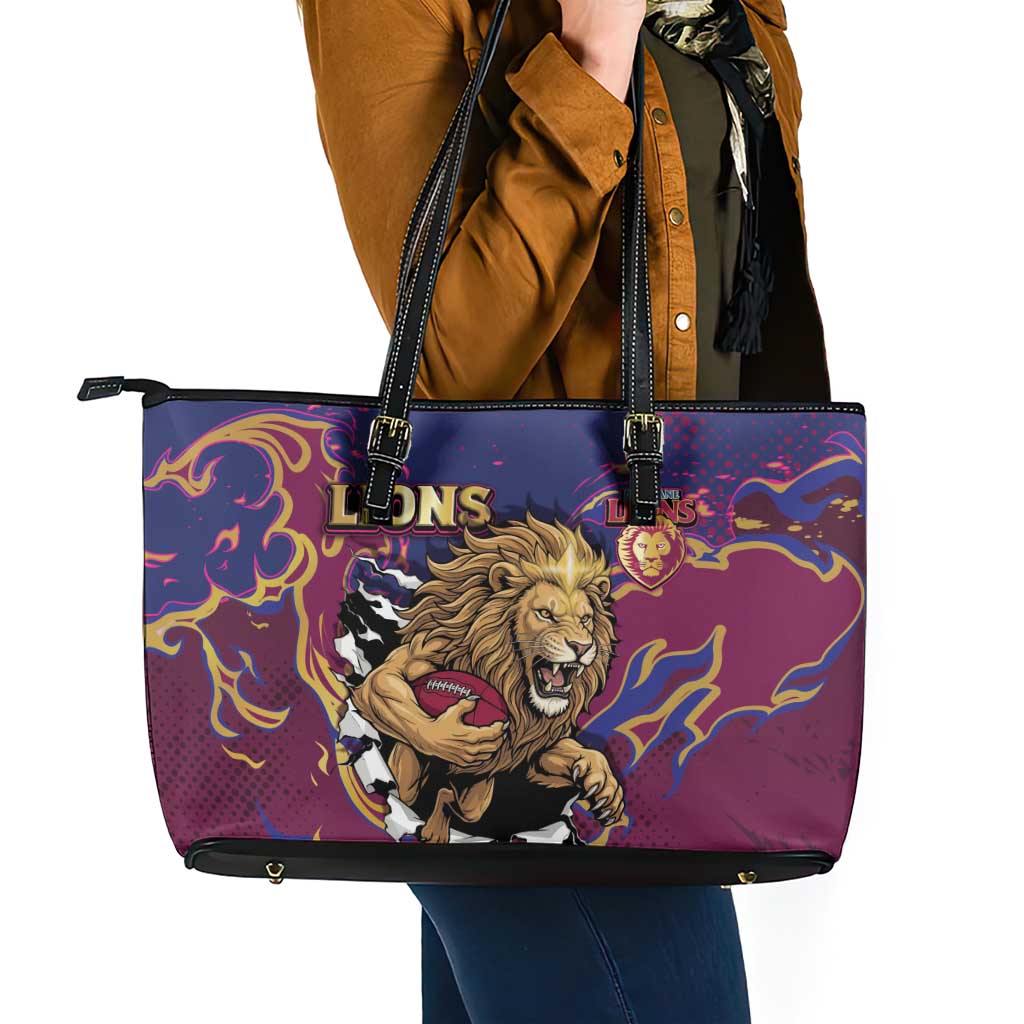 Brisbane Maroon Leather Tote Bag Lions Blazing Fire