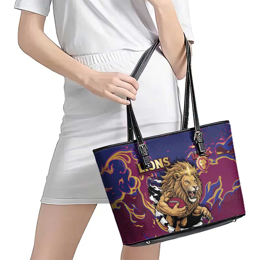 Brisbane Maroon Leather Tote Bag Lions Blazing Fire