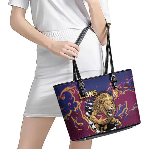 Brisbane Maroon Leather Tote Bag Lions Blazing Fire