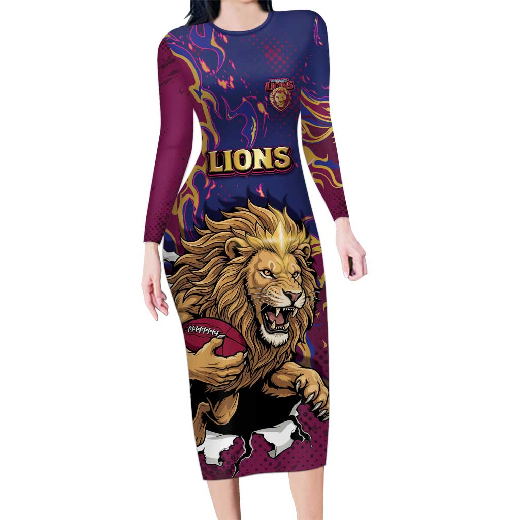 Custom Brisbane Maroon Long Sleeve Bodycon Dress Lions Blazing Fire