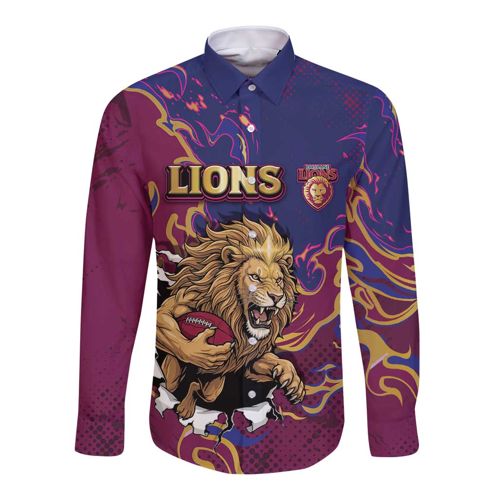 Custom Brisbane Maroon Long Sleeve Button Shirt Lions Blazing Fire