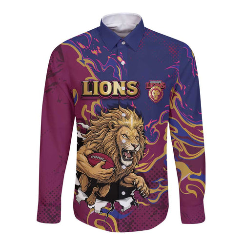 Custom Brisbane Maroon Long Sleeve Button Shirt Lions Blazing Fire