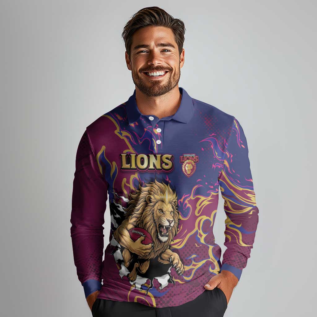 Custom Brisbane Maroon Long Sleeve Polo Shirt Lions Blazing Fire