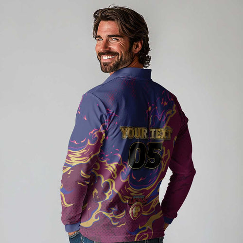 Custom Brisbane Maroon Long Sleeve Polo Shirt Lions Blazing Fire