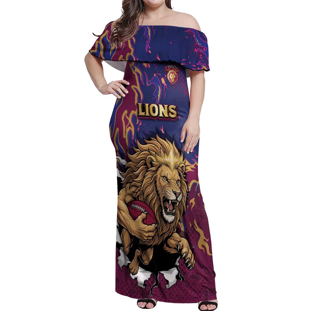 Custom Brisbane Maroon Off Shoulder Maxi Dress Lions Blazing Fire