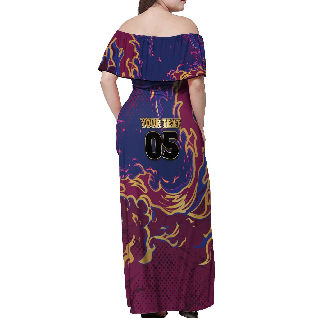 Custom Brisbane Maroon Off Shoulder Maxi Dress Lions Blazing Fire