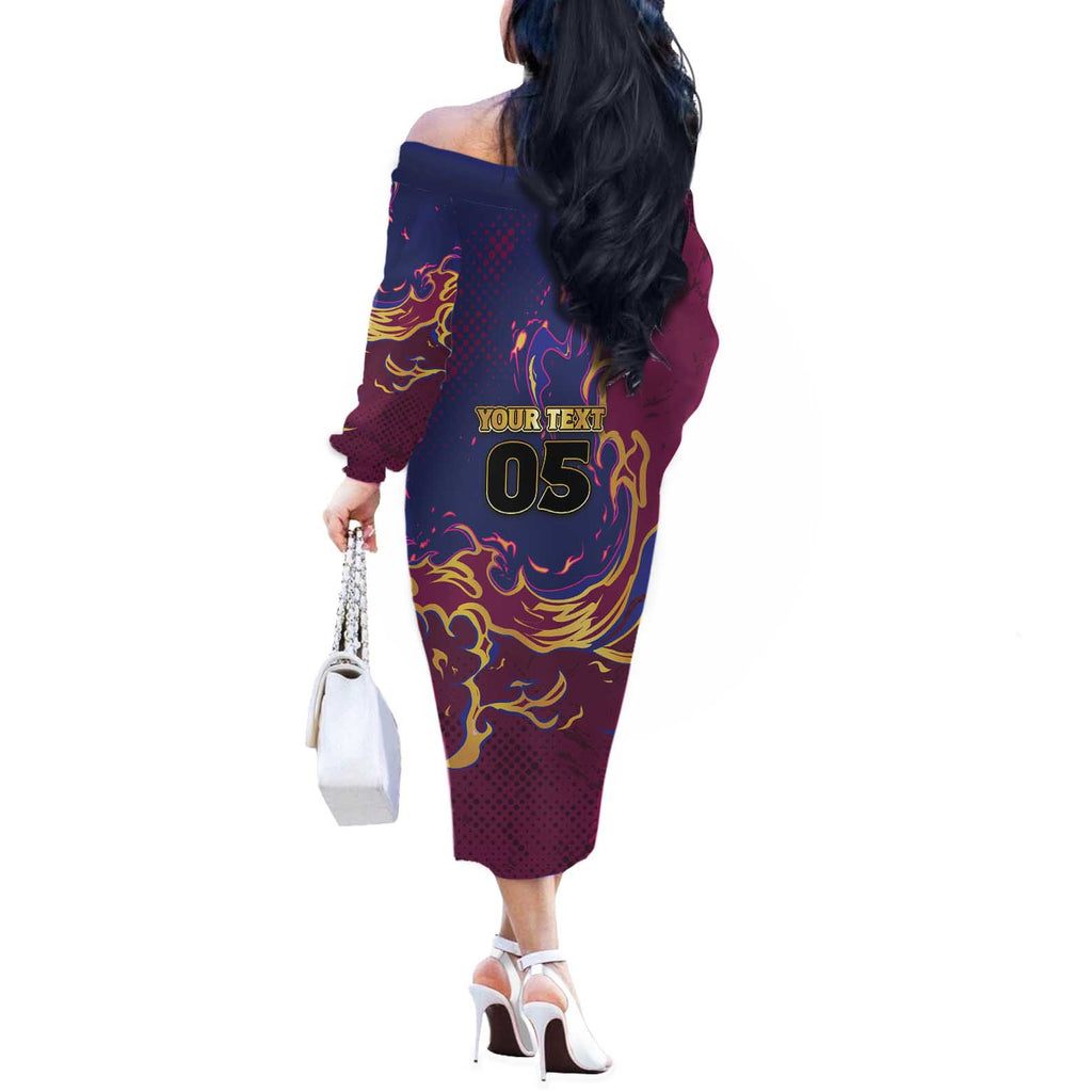 Custom Brisbane Maroon Off The Shoulder Long Sleeve Dress Lions Blazing Fire