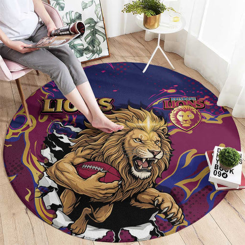 Brisbane Maroon Round Carpet Lions Blazing Fire