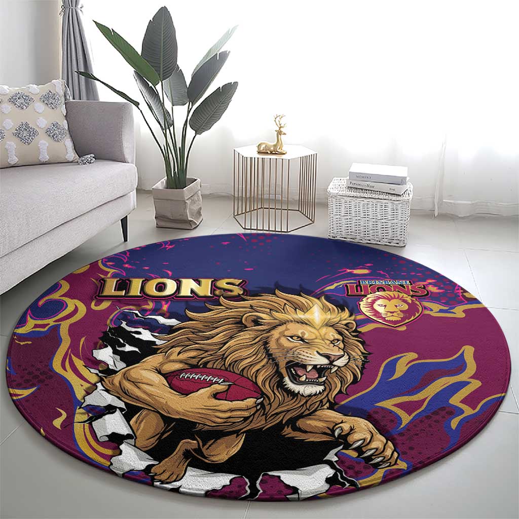 Brisbane Maroon Round Carpet Lions Blazing Fire