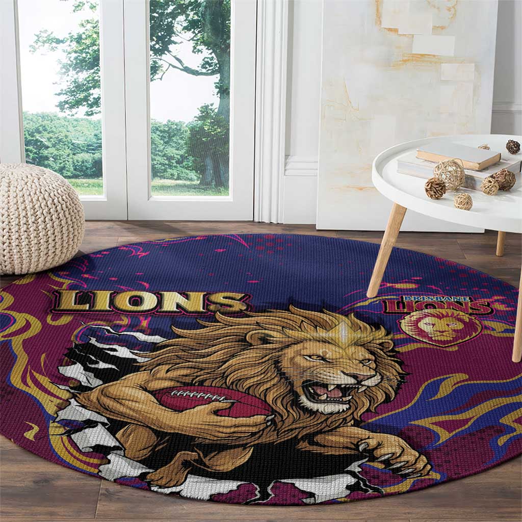 Brisbane Maroon Round Carpet Lions Blazing Fire