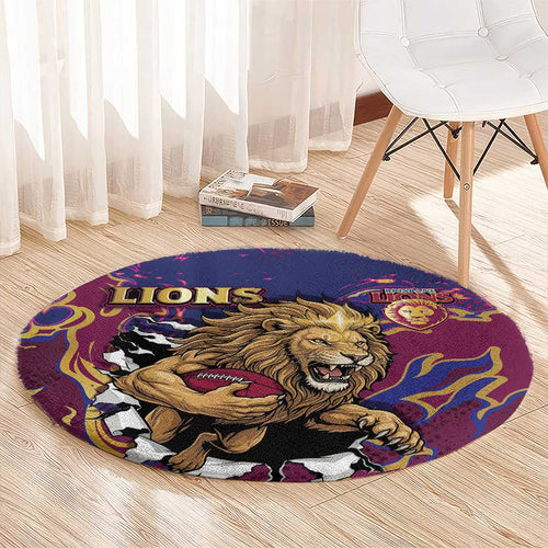 Brisbane Maroon Round Carpet Lions Blazing Fire
