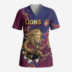 Custom Brisbane Maroon Scrub Top Lions Blazing Fire